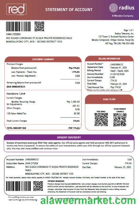 Philippines Red Fiber utility bill template in Word and PDF formats